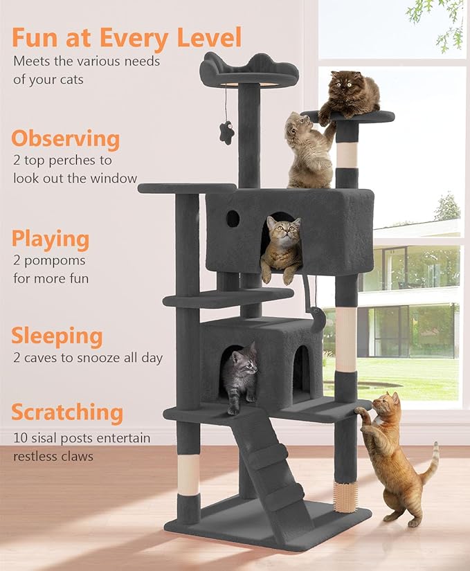 60" Cat Tree Tower for Indoor Cats Large Adult,Cute/Tall Modern Cat Tree for Big Cats 20 lbs, Plush Multi-Level Cat Condo with Scratching Posts,Dangling Ball (Smoky Gray, 60 inch)
