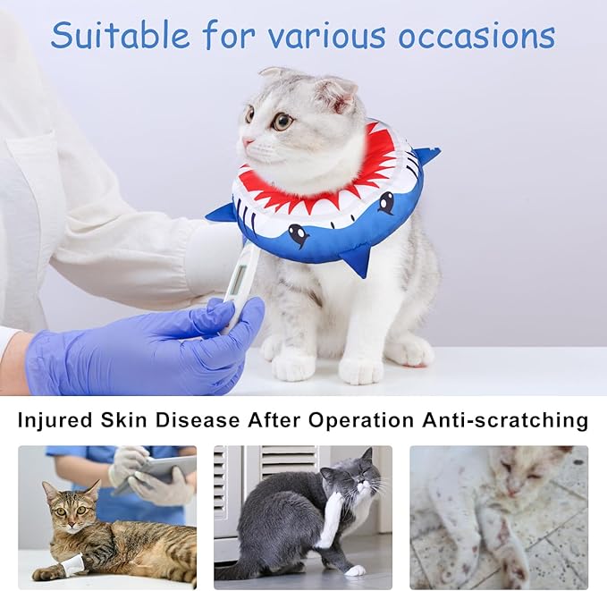 BEAUTYZOO Cat Cone Collars Soft, Cat Recovery E Collars After Surgery to Stop Licking, Adjustable Elizabeth Circle Collar Cute Pet Donut Pillow for Cats Kitten Small Dogs, Cute Shark S