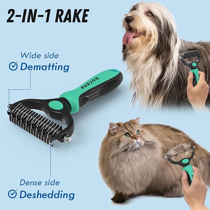 Pet Grooming Brush and Metal Comb Combo, Cat Brush Dog Brush for Shedding, Undercoat Rake for Dogs Grooming, Dematting Deshedding Brush Dogs Shedding Tool for Long matted Haired Pets, Green