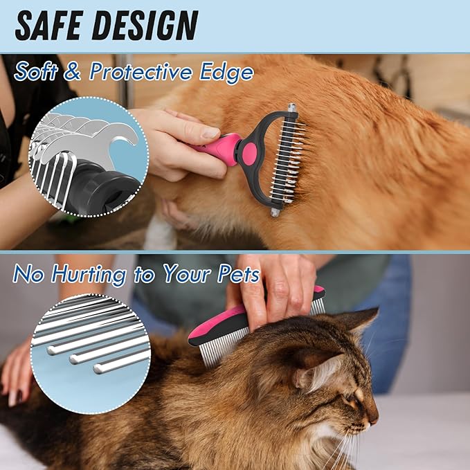 Pet Grooming Brush & Comb Combo, Cat & Dog Brush for Shedding & Dematting, Undercoat Rake for Long-haired Pets, Pink
