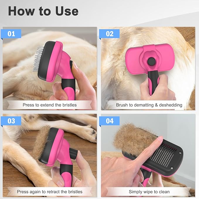 Self-Cleaning Pet Grooming Brush - Skin-Friendly Deshedding Tool for Dogs & Cats in Pink, Removes Loose Hair and Tangles
