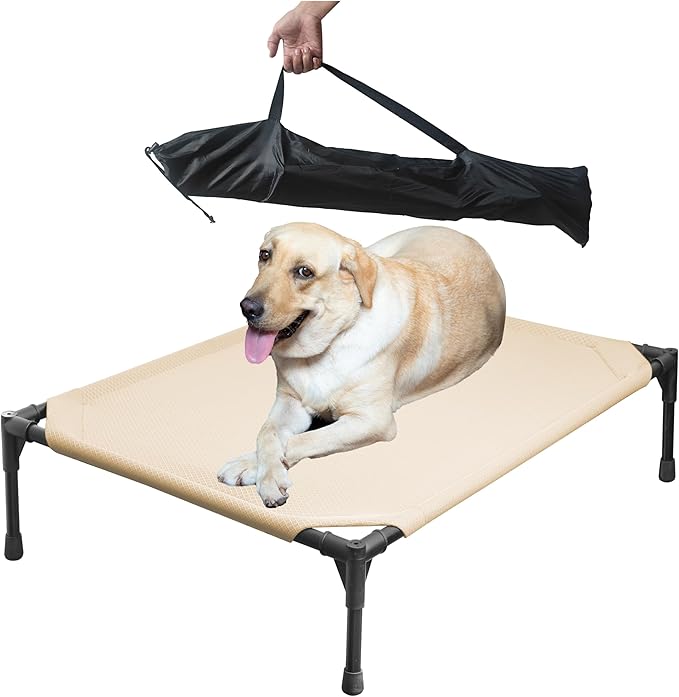 Soft Mesh Elevated Pet Bed for Large Medium Dogs Outdoor Resting Cot with Water-Resistant, Air-Permeable, Cooling and Anti-Skid Portable Dog Bed, Up to 80 lbs,33.3" L x 25.2" W x 6.9" H, Beige