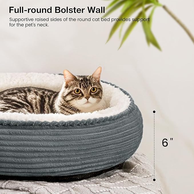 Love's cabin Round Donut Cat and Dog Cushion Bed, 20in Pet Bed for Cats or Small Dogs, Anti-Slip Water-Resistant Bottom, Super Soft Durable Fabric Pet beds, Washable Cat Dog Bed Stripe Bluish Grey