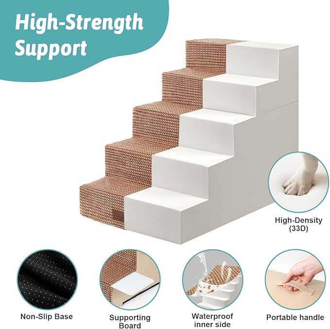 Dog Stairs with Detachable Zipper, 19.7" Extra Wide Right-Angle Pet Stairs for Bed, Anti-Slip Dog Steps for Lowrider and Elderly Cats with Support Board, 19.7x29.5x23.6 inch, Light Brown