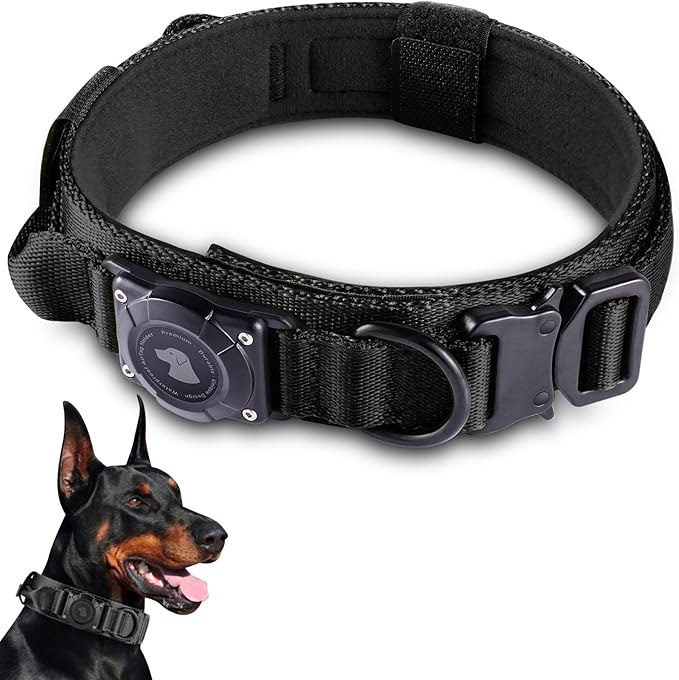 2025 Upgrade Waterproof AirTag Dog Collar, Military Tactical Dog Collar with AirTag Holder, Comfortable Control Handle and Metal Buckle, GPS Dog Collar Holder for Medium to Large Dogs (Black, L)