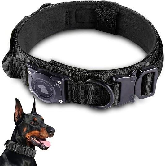 2025 Upgrade Waterproof AirTag Dog Collar, Military Tactical Dog Collar with AirTag Holder, Comfortable Control Handle and Metal Buckle, GPS Dog Collar Holder for Medium to Large Dogs (Black, L)
