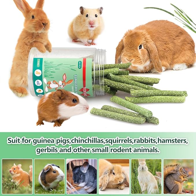 Timothy Hay Sticks Treats for Rabbits & Other Small Pets - 40pcs Natural Handmade Chew Toys