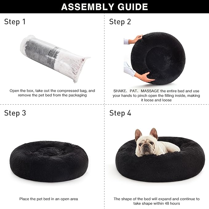 Love's cabin Calming Cat Bed for Indoor Cats,Anti-Anxiety Donut Round Dog Bed,Fluffy Faux Fur Washable Pet Bed for Small Medium Dogs and Cats,Black,20in
