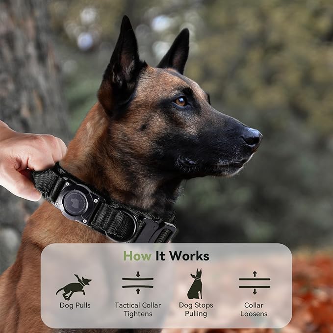 2025 Upgrade Waterproof AirTag Dog Collar, Military Tactical Dog Collar with AirTag Holder, Comfortable Control Handle and Metal Buckle, GPS Dog Collar Holder for Medium to Large Dogs (Black, L)