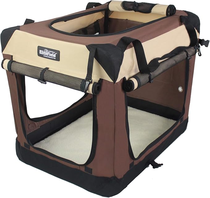 EliteField 4-Door Folding Soft Dog Crate with Curtains, Carrying Bag and Fleece Bed (2 Year Warranty), Indoor & Outdoor Pet Home (30" L x 21" W x 24" H, Brown+Beige)