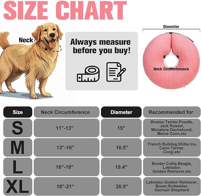 BINGPET Inflatable Dog Cone Collar Alternative After Surgery,Soft Recovery Cone for Dogs to Stop Licking,Protective Neck Donut E Collar Adjustable for Small Medium Large Dogs & Cats(Pink,XL)