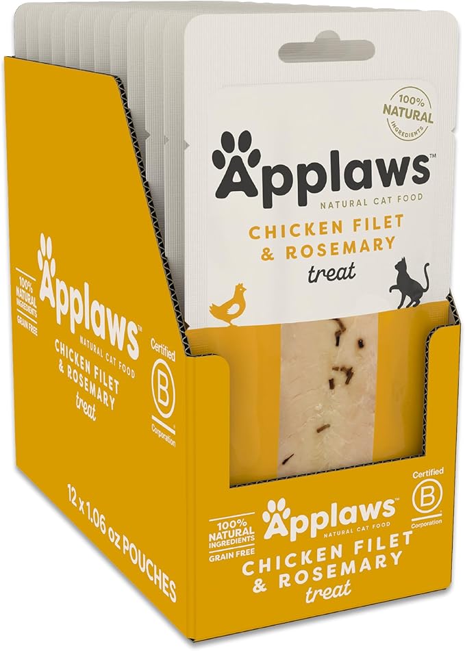 Applaws Natural Cat Treats, Grain-Free, High-Protein Whole Chicken & Rosemary Loins, Single-Ingredient Healthy Snack for Cats (12 x 1.06 oz Loins)
