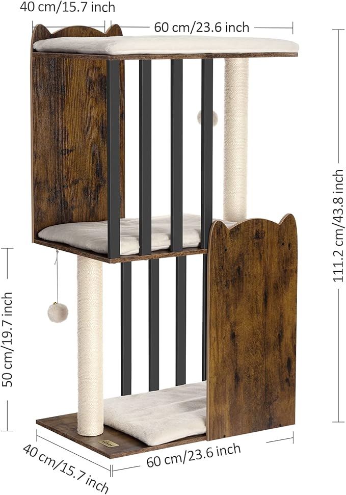 FourFurPets 43.8in 3-Tier Modern Cat Tree Tower Condo, Cat Scratch Posts for Indoor Cats, Big Plate, Two 19.7in Full Sisal Scratching Posts, Rustic Brown