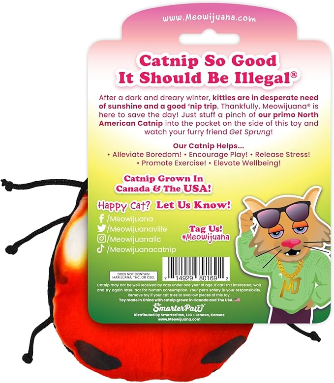Meowijuana Lady Bug Bundle | Get Sprung Refillable Lady Bug Toy and Garden Pawty Catnip Blend | Promotes Play and Cat Health | Includes North American Organic Catnip