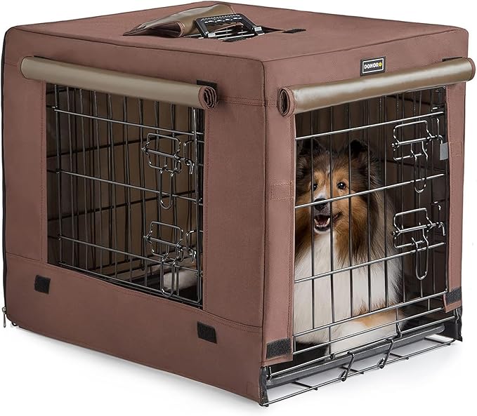 DONORO Dog Crates for Medium Large Size Dogs Indoor Double Door Dog Kennels & Houses for Puppy and Cats, Collapsible Metal Contour Dog Cages (Brown, 36.0" L x 23.0" W x 25.0" H)