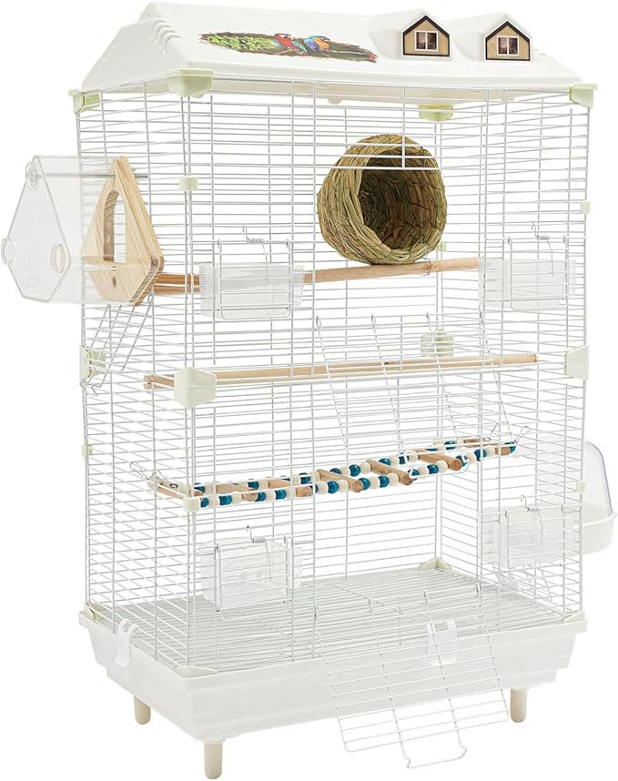 30" Roof Top Bird Cage, 2 Tier Medium Metal Parrot Cage with Accessories Include Cross Bar Climbing Ladder Dual Door Parakeet Cage for Various Bird Species (30.3" H)