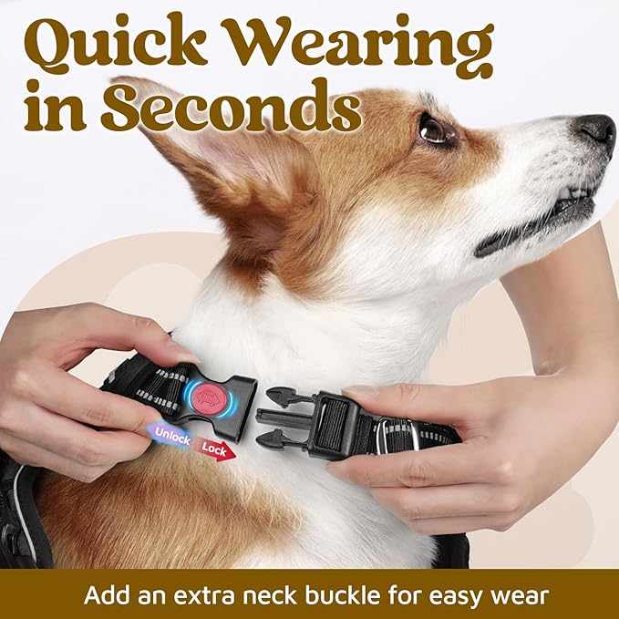 rabbitgoo Dog Harness Medium Sized, No Pull Dog Vest with 3 Buckles, Adjustable Soft Padded Pet Harness with Easy Control Handle and Reflective Strips, Black, M