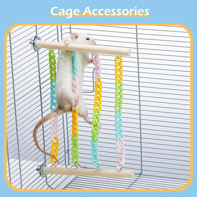 2Pcs Sugar Glider Climbing Toys, Natural Wood with Sturdy Colorful Chains Hanging Toys Sugar Glider Cage Accessories, Wobble-Free Rat Enrichment Toys for Small Animals and Parrots