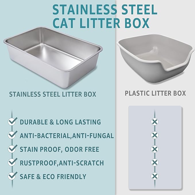 Stainless Steel Cat Litter Box 2 Pack,XL Metal Litter Box for Big Cats, Cat LitterBox Metal Pet Toilet Easy to Clean,High Sided Litters Boxes Adult Big Cats,Non Stick, No Smell,23.6"x15.8"x6"