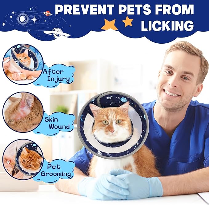 Breathable Air Mesh Cat Cone Collar Soft - Adjustable Recovery Collar to Stop Licking After Surgery, Foldable Lightweight E-Collar for Cats & Kittens (Sky Star, S)