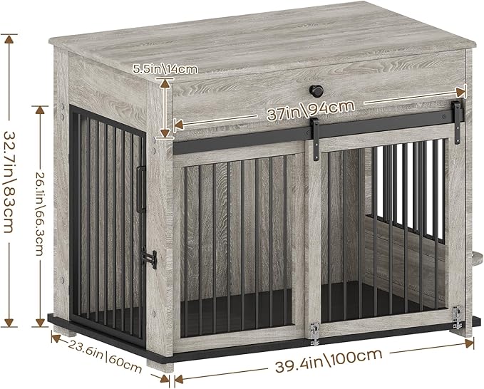 Large Dog Crate with Sliding Door, Furniture-Style Wooden Indoor Kennel, Integrated Side Table & Drawer, Secure Lock, 360° Rotating Bowl, Modern Pet House - Ideal for Home Decor (Grey)