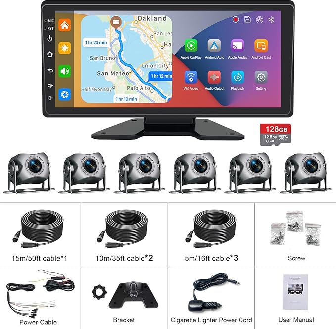 6 Channel Backup Camera System,1080P Rearview Camera with Carplay & Android Auto,GPS Navigation, Touchable 11 inch Monitor & Loop Recording DVR car Stereo, for RV/Truck/Trailer Pickup,128GB Card