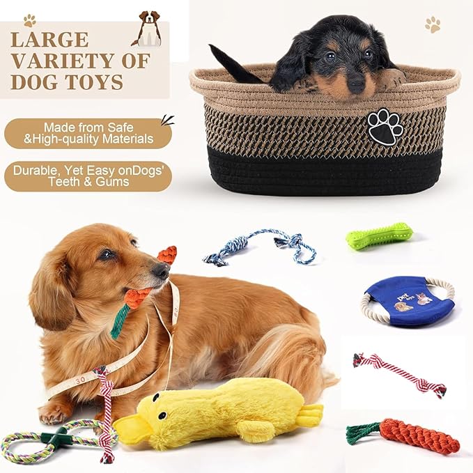 Zopeal Puppy Dog Toy Gift Storage Basket with Dog Toys Set Chew Toys Birthday Gift Basket Teething Interactive Squeaky Duck for Teething Small Medium Large Dogs(Black)