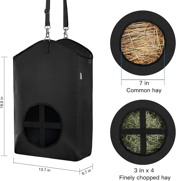 3 Packs Goat Hay Feeder,Hay Bags for Goats,Horses,Sheep,Premium 600D Oxford Cloth,with Metal Fastener and Adjustable Open Feed Hole for Slow Feeding. (3 Black)