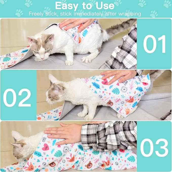 27.6" Cat Grooming Wrap, Cat Wrap for Cutting Nails, Self-Adherent Fabric Wrap for Cats, Cat Burrito Wrap Anti-Scratch, Anti-Escape, Multifunctional Swaddle Wrap Pet Tool (Funny Bear, X Large)