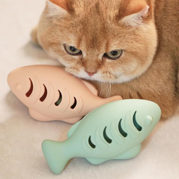 Cat Toys for Indoor Cats, Fish Shape Chew Catnip Toys for Teeth Clean, Food Grade Silicone Cat Enrichment Toy, Interactive Kitten Teething Toys with 1 Cat Nip Ball, Orange, 2 Pcs