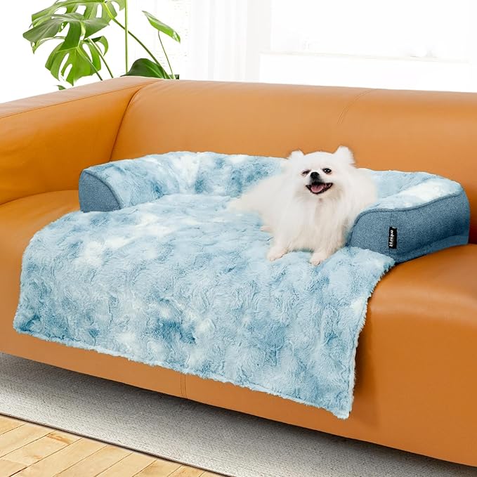 Calming Dog Couch Bed for Medium Dogs/Cats, 35 x 31 inch Waterproof Removable Dogs Mat Couch Cover for Furniture Protector, Non-Slip Fluffy Pelsbarn Dog Bed for Couch, Sofa - Tie-Dye Blue