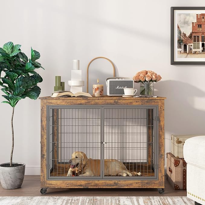 IchbinGo Dog Crate Furniture, Wooden Dog Crate Table, 43.7" Dog Kennel with 3 Doors, Flip-up Top Opening and Wheels, Decorative Pet Crate House for Large/Medium/Small Dog Indoor Use (Rustic Brown)