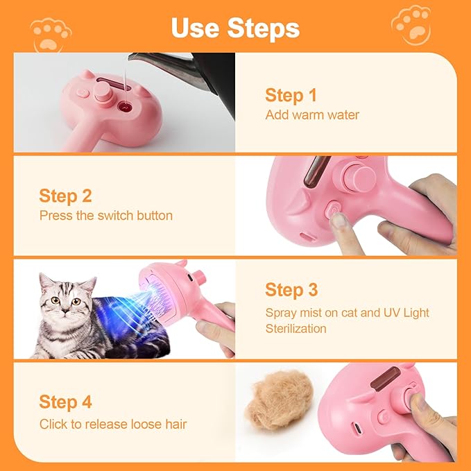 Cat Steam Brush for Shedding, 4 in 1 Steamy Cat Brush with Release Button, Self Cleaning Metal Pet Misting Hair Comb with Handle for Grooming Kitten Dog(Pink)