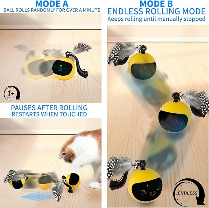 Interactive Cat Ball Toy with Remote Control, Automatic Moving Cat Toys Ball with Feather Tail, Electric Puzzle Toy for Chasing and Hunting (Yellow)