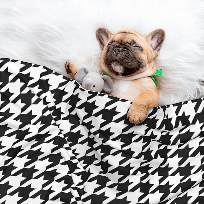 Double Sided Pet Mat for Dog Bed Topper Cat Blanket Furniture Protector, Black and White Houndstooth, Reversible Plush with Tactile Dot Pattern for Style Change