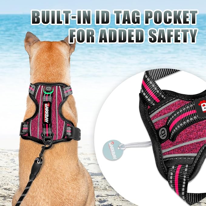 BARKBAY No Pull Dog Harness Large Reflective Dog Harness with Front Clip and Easy Control Handle for Walking Training Running with ID tag Pocket(Pink/Black,M)