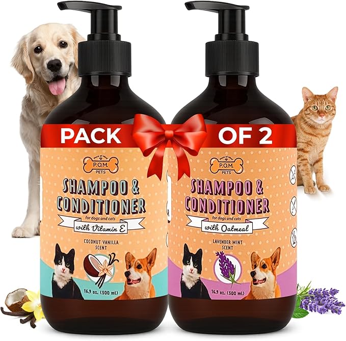 POM Pets 2 Pack 2-in-1 Organic Dog Shampoo & Conditioner – Itchy Skin Relief, Dog Deshedding, Detangles Fur, Cat Shampoo, Paw Cleaner for Dogs, Natural Coat Defense Formula
