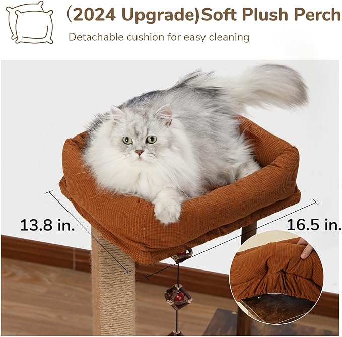 FUKUMARU Cat Scratching Post, Modern Style Cat Tree with Unique Square Post, Wooden Cat Tower with silvervine Balls, Retro Cat Condo Scratcher for Indoor Cats（Solid Wood）