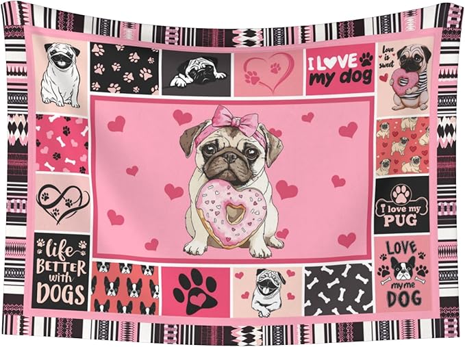 Pug Blanket for Dog - Pink Paw Print Throw Blanket 30x20 Pet Blanket for Couch Sofa Bed