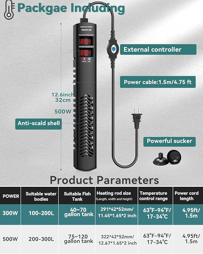 Aquarium Heater for 75 100 120 Gallon, 500W Submersible Fish Tank Water Heater with Accurate Temperature Control, Over-Temp Protect, Auto Shut-Off, Quick Heat up for Saltwater & Freshwater