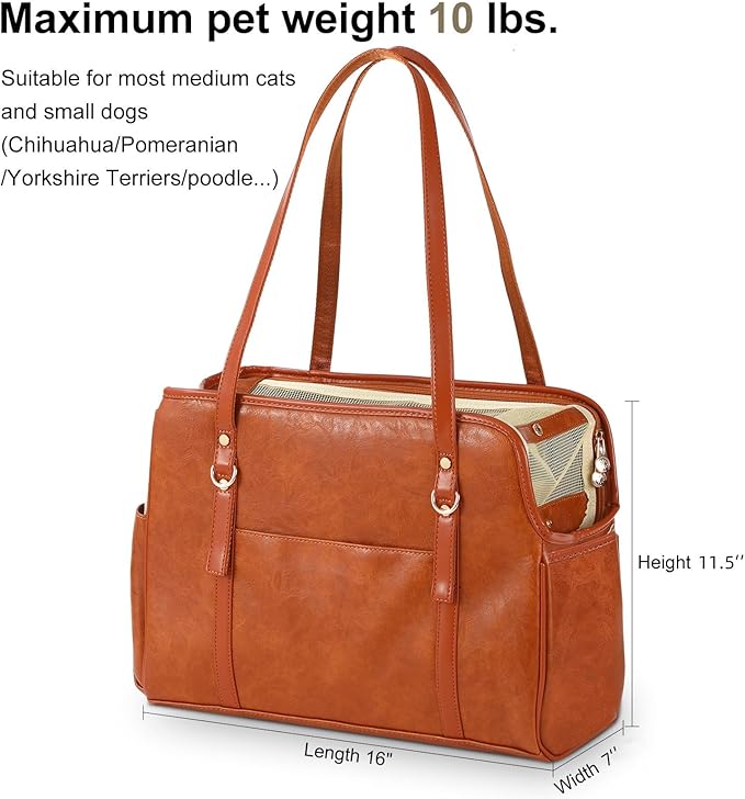 Dog Carrier Purse, Fashion Leather Pet Carrier with Pockets, Airline Approved Soft Sided Dog Carrying Bag for Puppy Cat Dog Brown