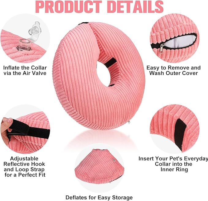 BINGPET Inflatable Dog Cone Collar Alternative After Surgery,Soft Recovery Cone for Dogs to Stop Licking,Protective Neck Donut E Collar Adjustable for Small Medium Large Dogs & Cats(Pink,XL)