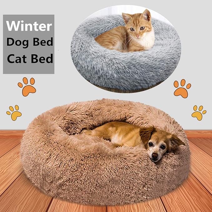 huraty Pet Dog Bed Plush Calming Bed, Fluffy Donut Round Pet Beds for Small Medium Large Dogs Cats, Anti-Slip & Anti-Anxiety, 28 Inch for Puppy and Kitties, Lilac, L