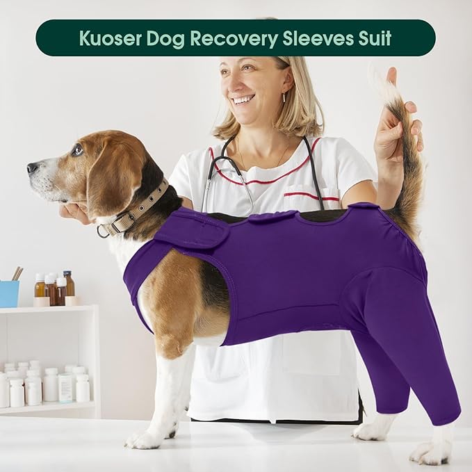 Kuoser Thigh Wound Sleeve for Dogs, Dog Recovery Sleeve for Back Legs, Pet Surgical Suit for Large Medium Small Dogs, Purple