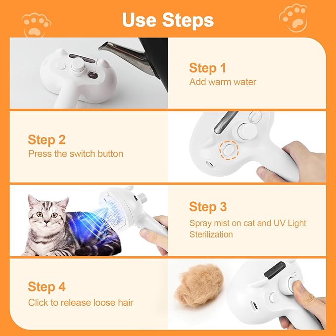 Cat Steam Brush for Shedding, 4 in 1 Steamy Cat Brush with Release Button, Self Cleaning Metal Pet Misting Hair Comb with Handle for Grooming Kitten Dog(White)