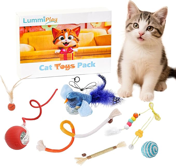 Cat Toys for Indoor Cats-7 Pieces Emrichment with Speedy Tail Moving Ball,Chirping Bird,Silvervine Sticks,Chew Rope,2 Cat Ball Toy,Hanging Caterpillar,Interactive Cat Toys for Bored Indoor Adult Cats