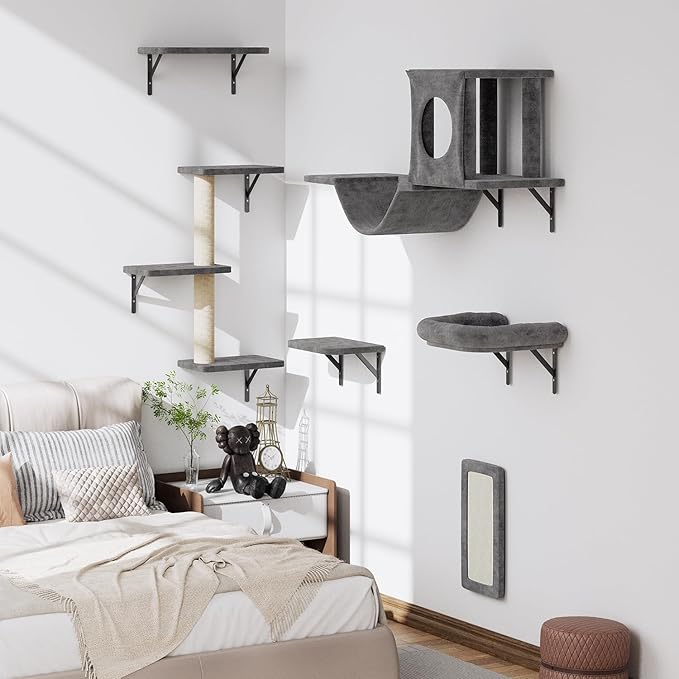 NUNU LAB Wall Mounted Cat Climber Set, 6 Pcs Cat Furniture Set with House, Bridge, Steps, Scratcher Board and Hammock, Shelves for Indoor, Luxury Walls Furniture(Dark Grey)