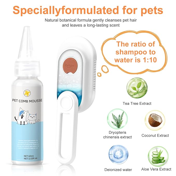 Steam Brush for Cat & Dog – 3-in-1 Spritz Pet Spray Hair Removal Comb for Grooming & Shedding Steam – Water Brush for Long & Short Haired Pets– Includes Two Bottles Waterless Shampoo