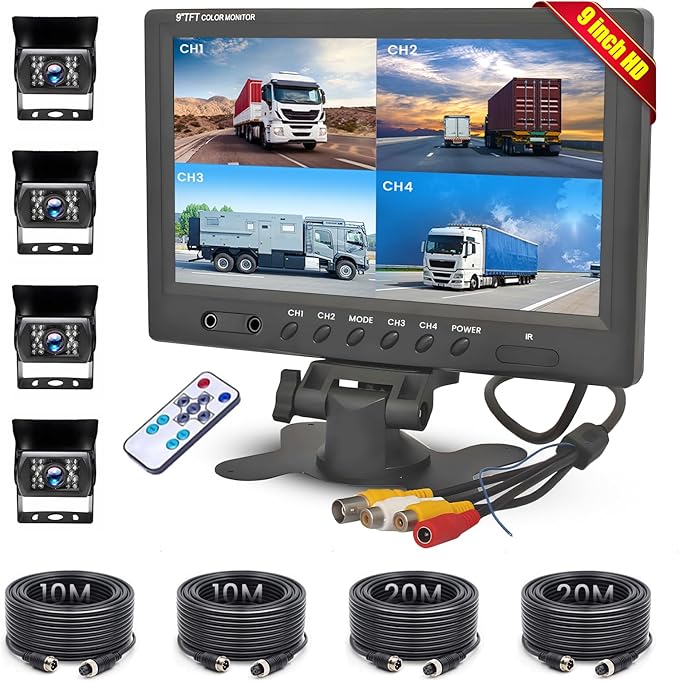 Hikity Backup Camera with Monitor Kit, 9‘’ Car Rear View Monitor with Waterproof 18 IR LED Night Vision Reverse Camera + 4 Pins Connector Cable Backup Camera System for RV Bus Trailer Truck