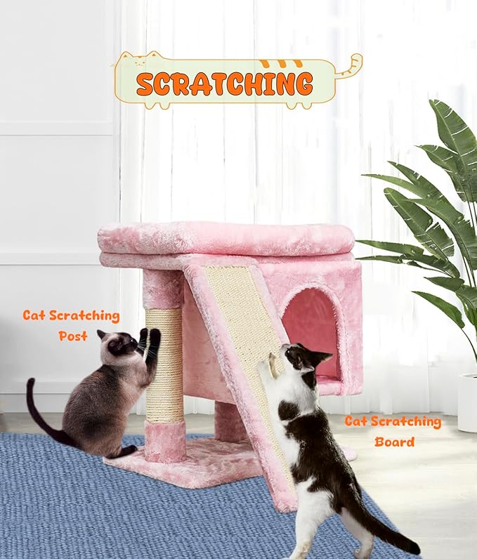 SYANDLVY Small Pink Cat Tree with Perch for Indoor Cats, Cat Tower with Scratching Post, Modern Activity House for Large Cats, Condo with Board, Kittens Cave